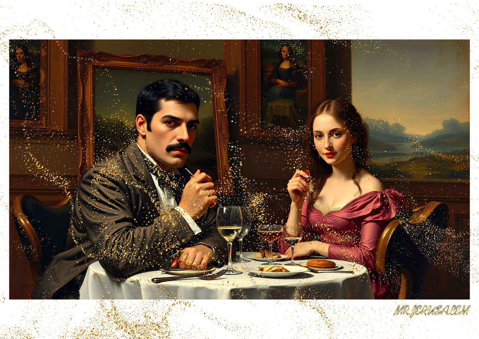 "Mr.Jerusalem, "Freddie Mercury having dinner with Mona Lisa-D2" "Original, A2 Poster print, s: Original A2 Poster Digital print on paper, Solid Finishing: Classic (250 gsm gloss) Artist Digital signature Stamped / seal Watermark seal Sizes- 420 X594mm Sold unframed