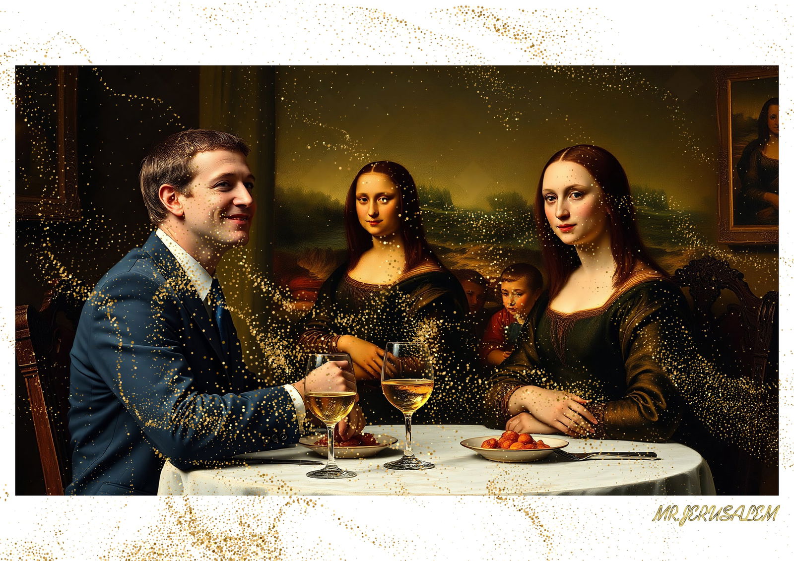 "Mr.Jerusalem, "Mark Zuckerberg having dinner with Mona Lisa-D2" "Original, A2 Poster print, s: Original A2 Poster Digital print on paper, Solid Finishing: Classic (250 gsm gloss) Artist Digital signature Stamped / seal Watermark seal Sizes- 420 X594mm Sold unframed