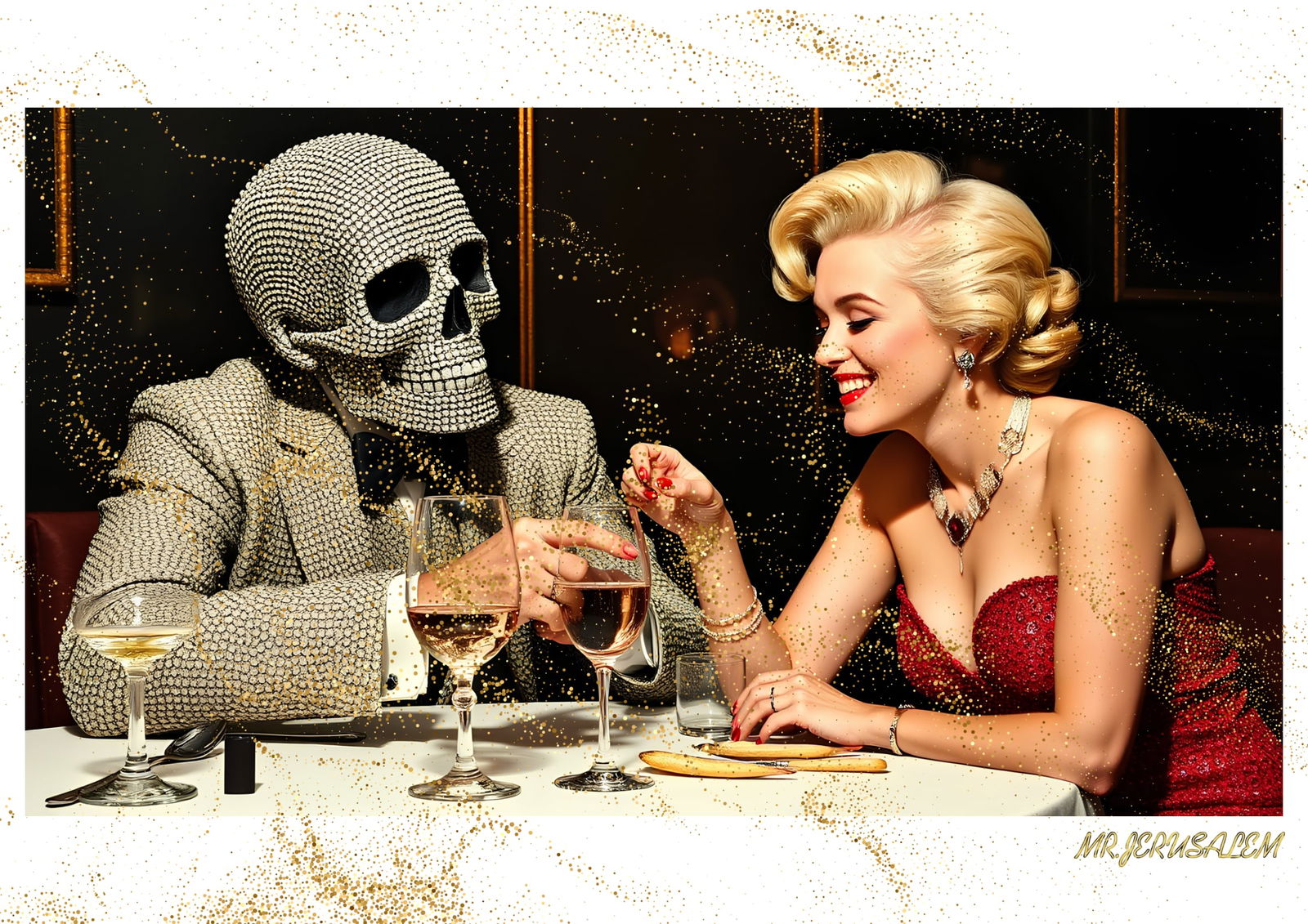 "Mr.Jerusalem, "Damien Hirst having dinner with Marilyn Monroe-D2" "Original, A2 Poster print,: Original A2 Poster Digital print on paper, Solid Finishing: Classic (250 gsm gloss) Artist Digital signature Stamped / seal Watermark seal Sizes- 420 X594mm Sold unframed
