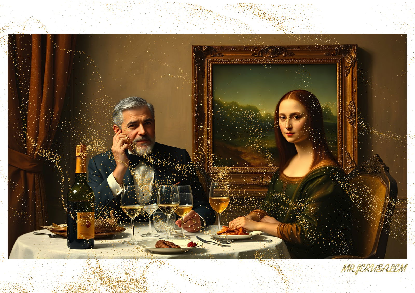 "Mr.Jerusalem, "George Clooney having dinner with Mona Lisa-D1" "Original, A2 Poster print, st: Original A2 Poster Digital print on paper, Solid Finishing: Classic (250 gsm gloss) Artist Digital signature Stamped / seal Watermark seal Sizes- 420 X594mm Sold unframed