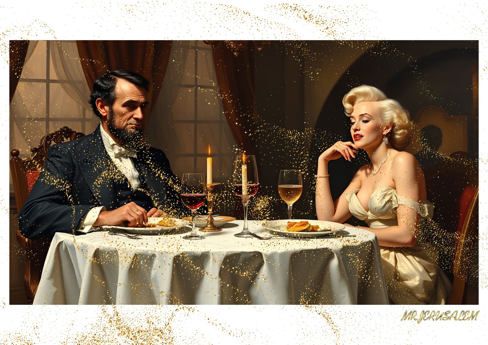 "Mr.Jerusalem, "Abraham Lincoln having dinner with Marilyn Monroe-D1" "Original, A2 Poster pri: Original A2 Poster Digital print on paper, Solid Finishing: Classic (250 gsm gloss) Artist Digital signature Stamped / seal Watermark seal Sizes- 420 X594mm Sold unframed