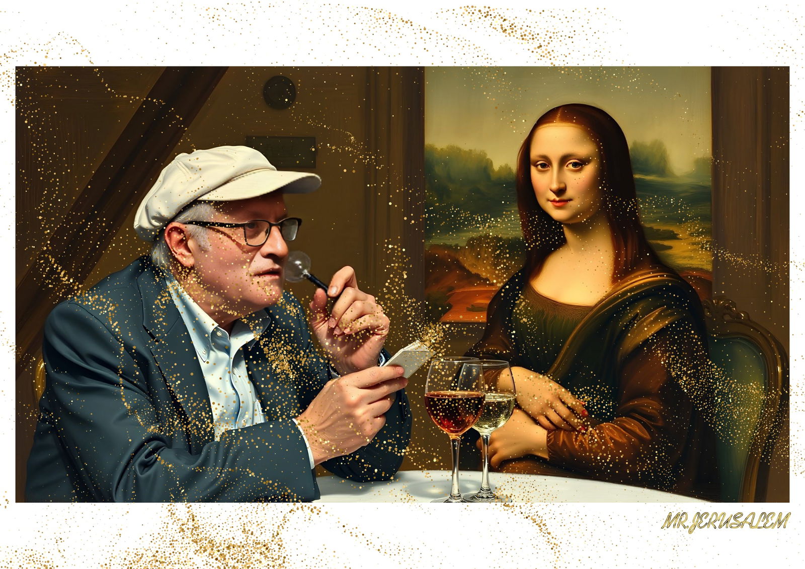"Mr.Jerusalem, "David Hockney having dinner with Mona Lisa-D1" "Original, A2 Poster print, sta: Original A2 Poster Digital print on paper, Solid Finishing: Classic (250 gsm gloss) Artist Digital signature Stamped / seal Watermark seal Sizes- 420 X594mm Sold unframed