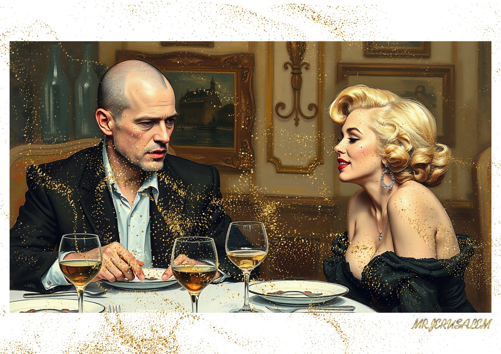 "Mr.Jerusalem, "Jackson Pollock having dinner with Marilyn Monroe-D1" "Original, A2 Poster pri: Original A2 Poster Digital print on paper, Solid Finishing: Classic (250 gsm gloss) Artist Digital signature Stamped / seal Watermark seal Sizes- 420 X594mm Sold unframed