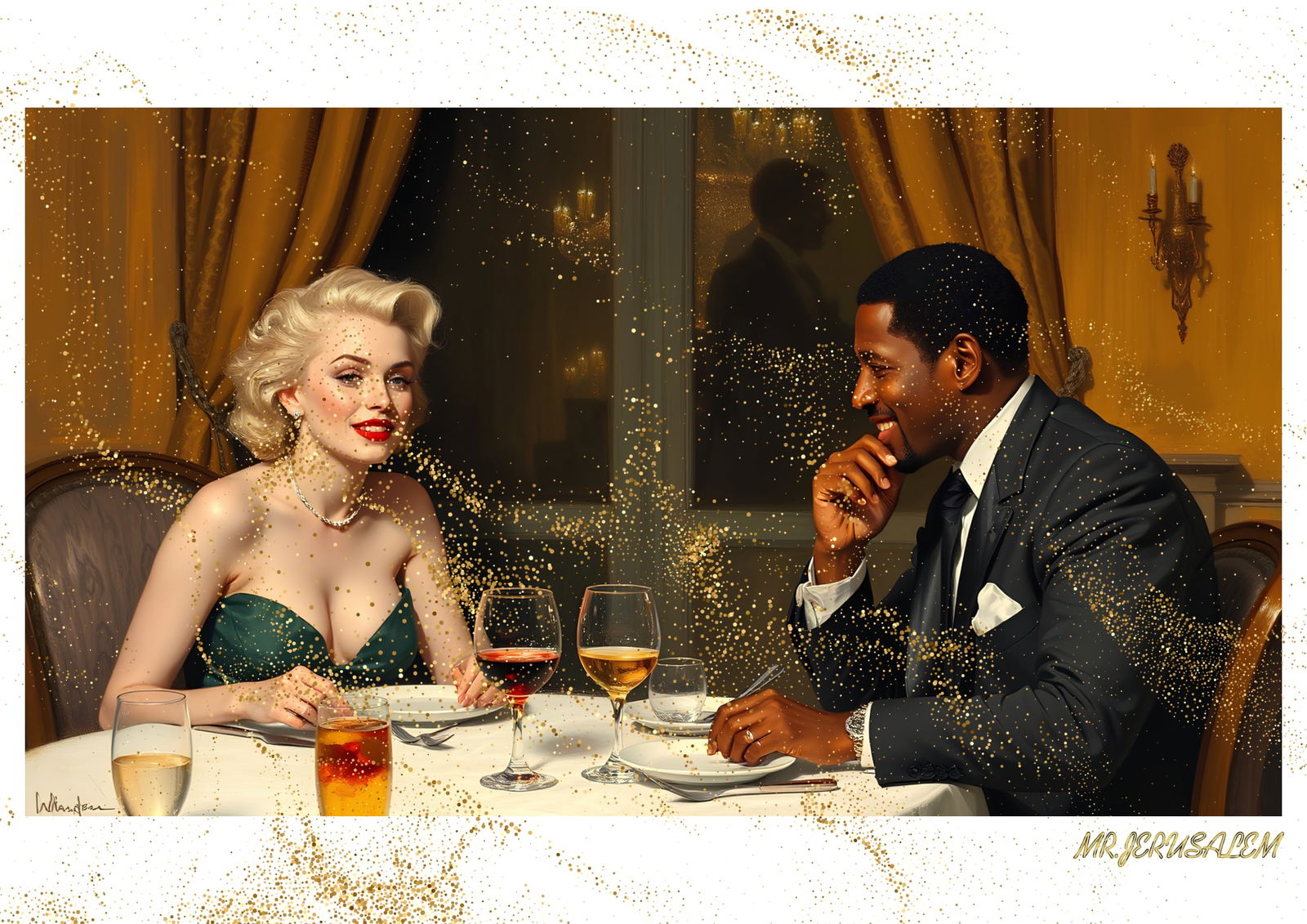 "Mr.Jerusalem, "Denzel Washington having dinner with Marilyn Monroe-D2" "Original, A2 Poster p: Original A2 Poster Digital print on paper, Solid Finishing: Classic (250 gsm gloss) Artist Digital signature Stamped / seal Watermark seal Sizes- 420 X594mm Sold unframed