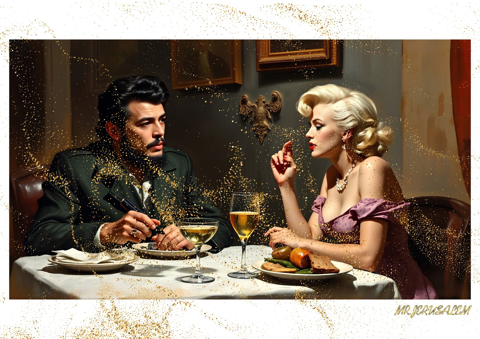 "Mr.Jerusalem, "Che Guevara having dinner with Marilyn Monroe-D2" "Original, A2 Poster print, : Original A2 Poster Digital print on paper, Solid Finishing: Classic (250 gsm gloss) Artist Digital signature Stamped / seal Watermark seal Sizes- 420 X594mm Sold unframed