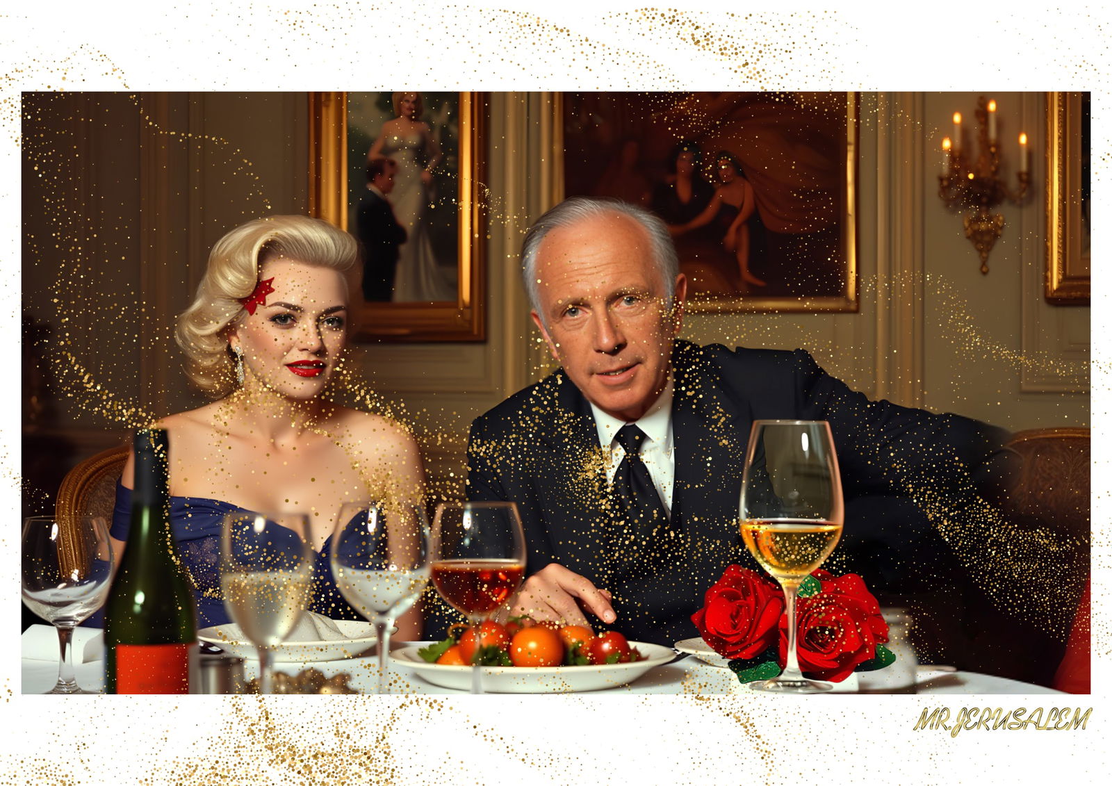 "Mr.Jerusalem, "Francois Pinault having dinner with Marilyn Monroe-D1" "Original, A2 Poster pr: Original A2 Poster Digital print on paper, Solid Finishing: Classic (250 gsm gloss) Artist Digital signature Stamped / seal Watermark seal Sizes- 420 X594mm Sold unframed