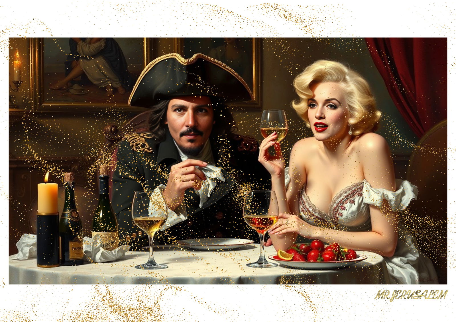 "Mr.Jerusalem, "Johnny Depp having dinner with Marilyn Monroe-D2" "Original, A2 Poster print, : Original A2 Poster Digital print on paper, Solid Finishing: Classic (250 gsm gloss) Artist Digital signature Stamped / seal Watermark seal Sizes- 420 X594mm Sold unframed