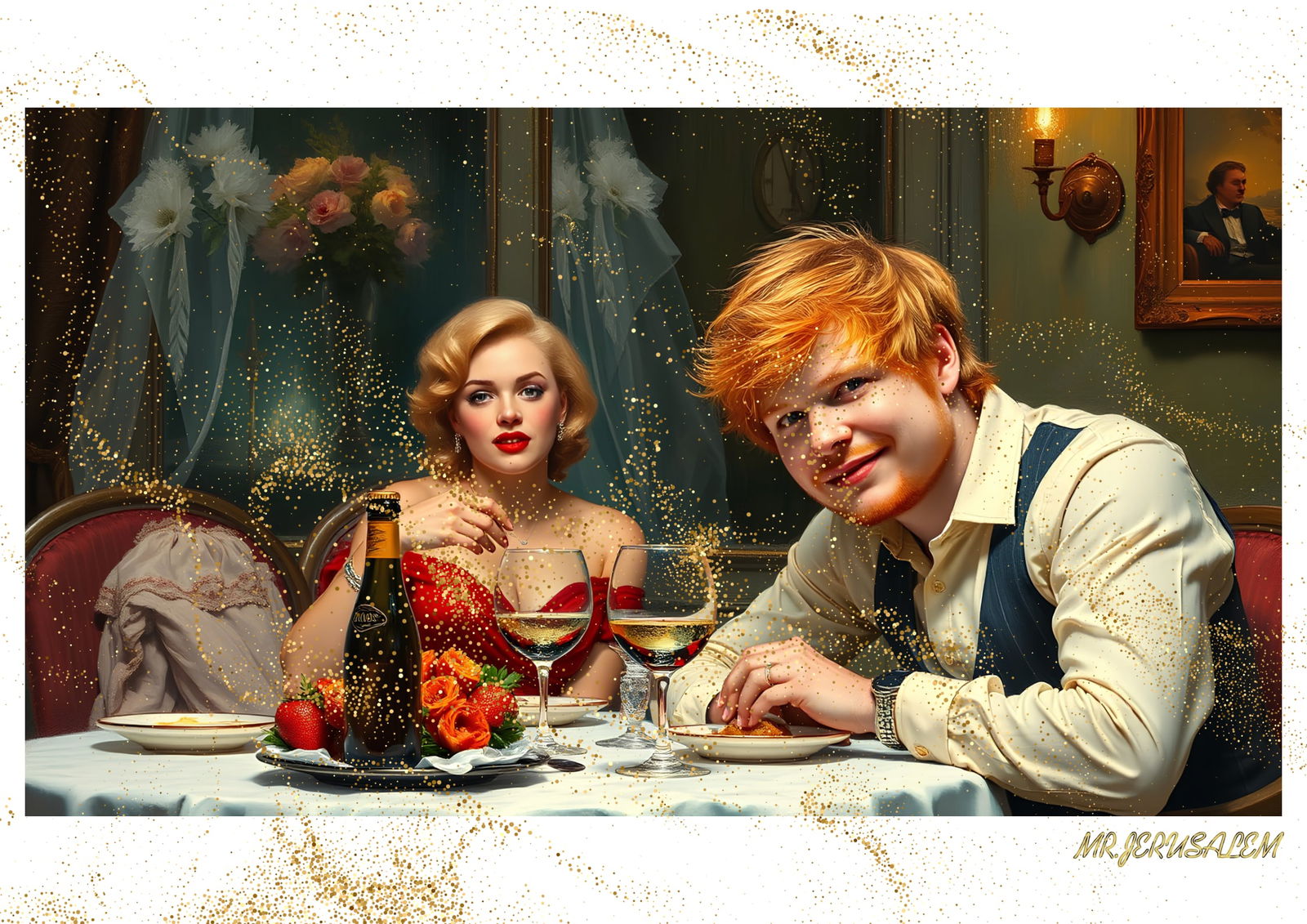 "Mr.Jerusalem, "Ed Sheeran having dinner with Marilyn Monroe-D1" "Original, A2 Poster print, s (1 of 2)
