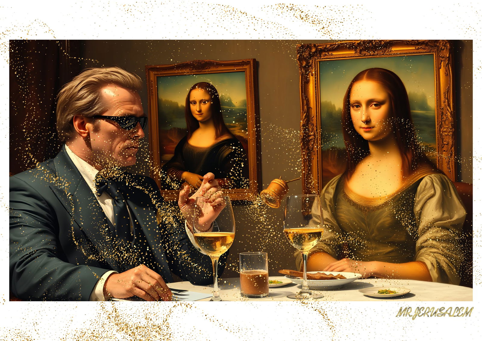 "Mr.Jerusalem, "Arnold Schwarzenegger having dinner with Mona Lisa-D1" "Original, A2 Poster pr (1 of 2)