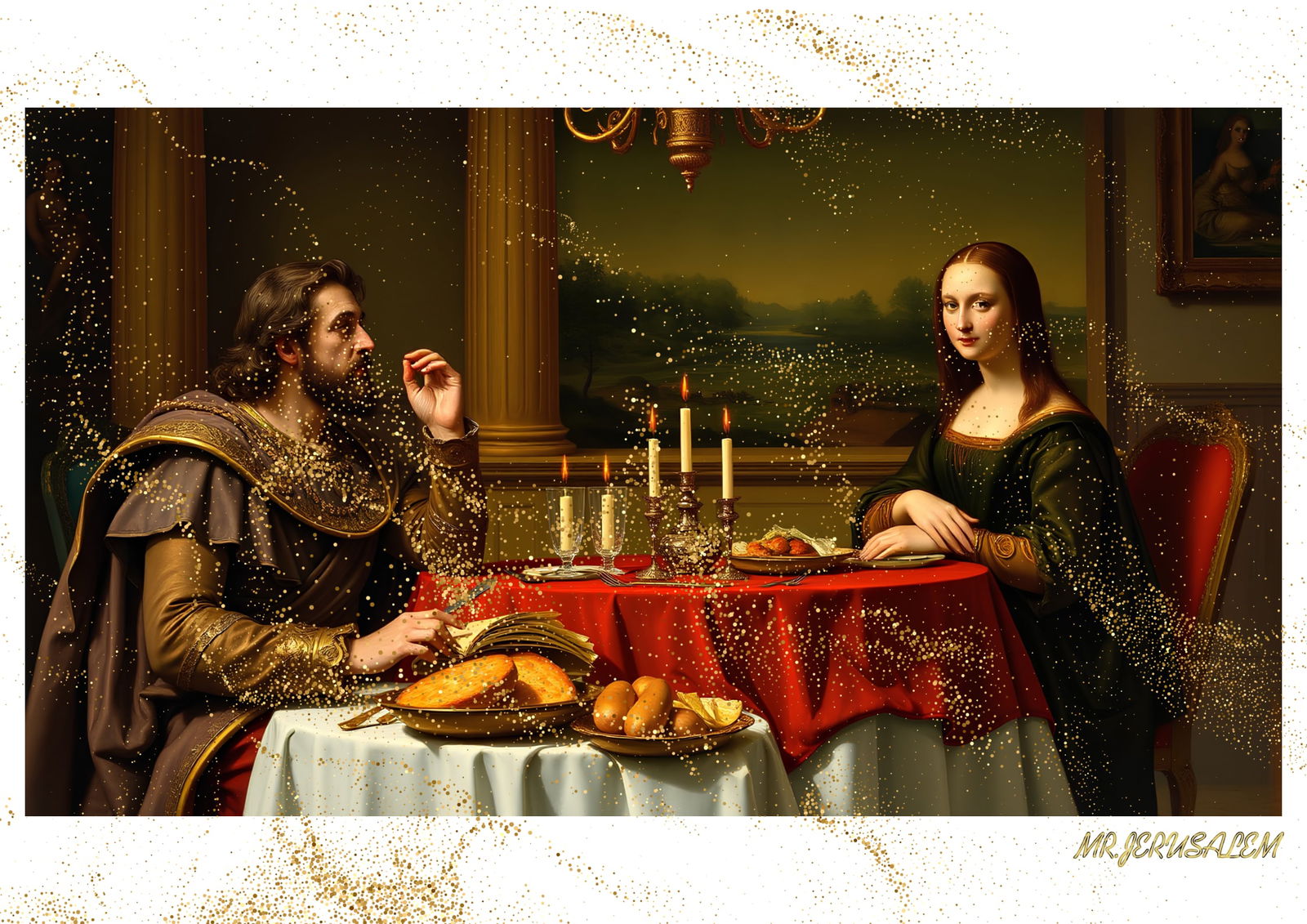 "Mr.Jerusalem, "Alexander The Great having dinner with Mona Lisa-D1" "Original, A2 Poster prin: Original A2 Poster Digital print on paper, Solid Finishing: Classic (250 gsm gloss) Artist Digital signature Stamped / seal Watermark seal Sizes- 420 X594mm Sold unframed