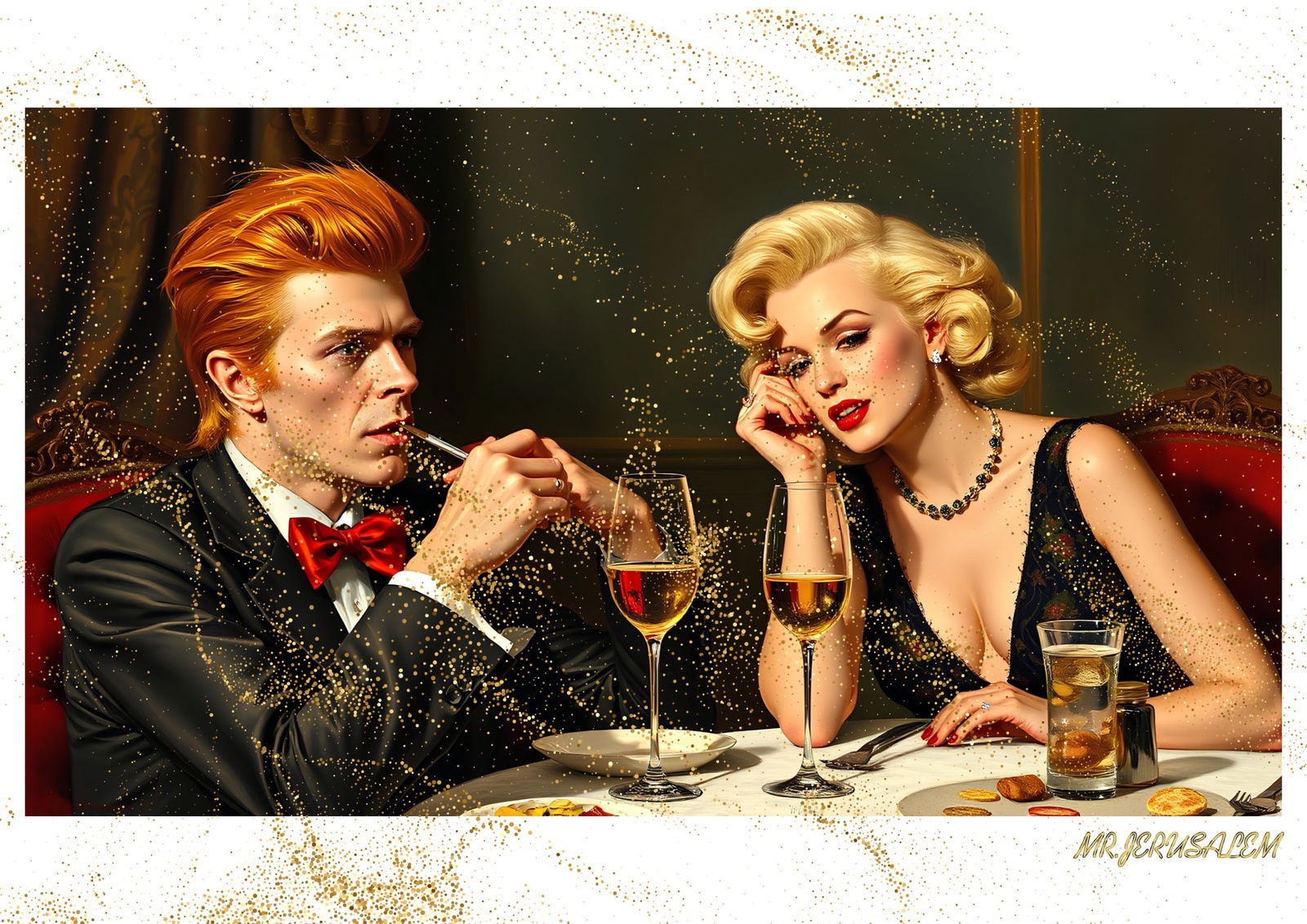 "Mr.Jerusalem, "David Bowie having dinner with Marilyn Monroe-D2" "Original, A2 Poster print, : Original A2 Poster Digital print on paper, Solid Finishing: Classic (250 gsm gloss) Artist Digital signature Stamped / seal Watermark seal Sizes- 420 X594mm Sold unframed