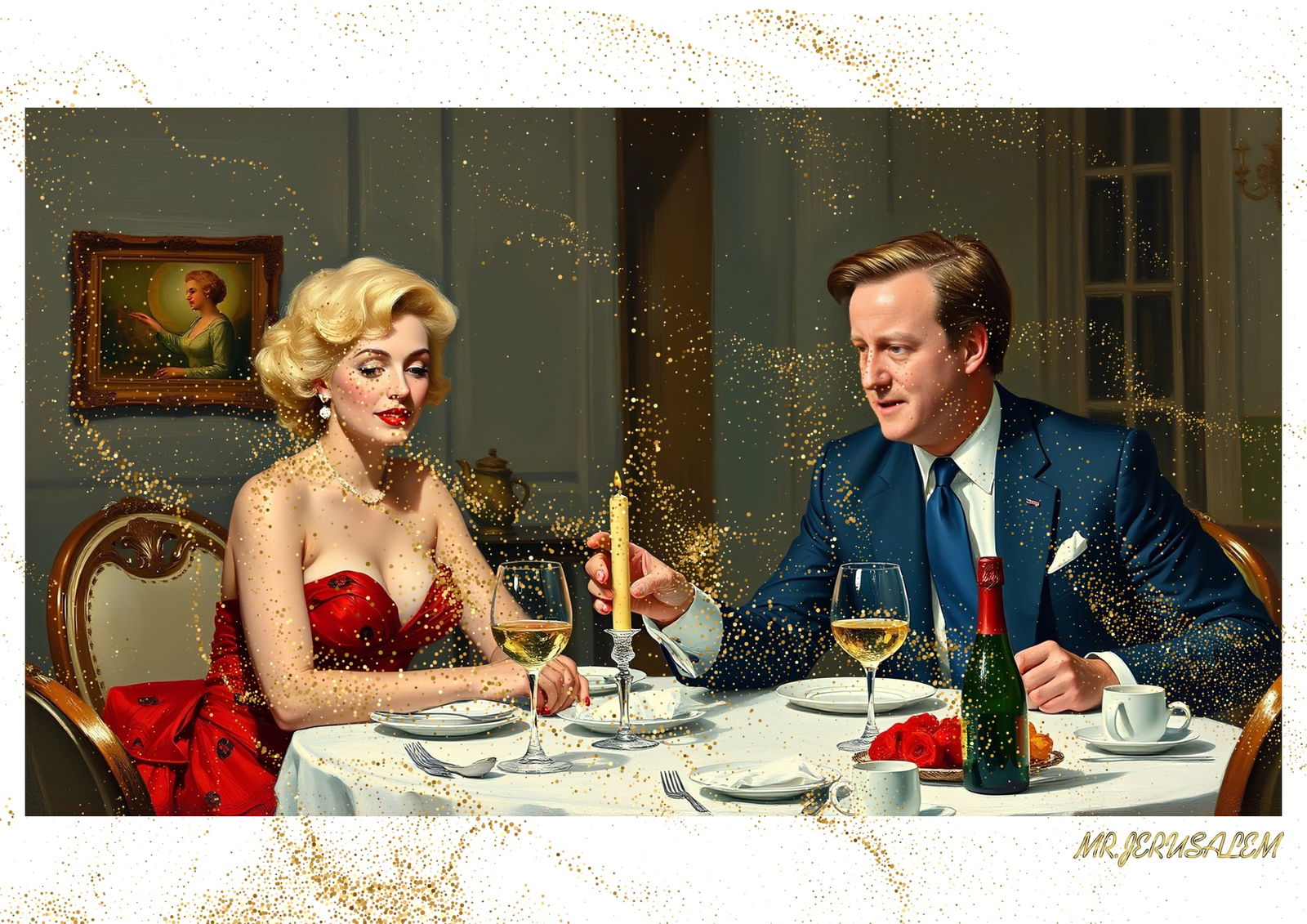 "Mr.Jerusalem, "David Cameron having dinner with Marilyn Monroe-D1" "Original, A2 Poster print: Original A2 Poster Digital print on paper, Solid Finishing: Classic (250 gsm gloss) Artist Digital signature Stamped / seal Watermark seal Sizes- 420 X594mm Sold unframed