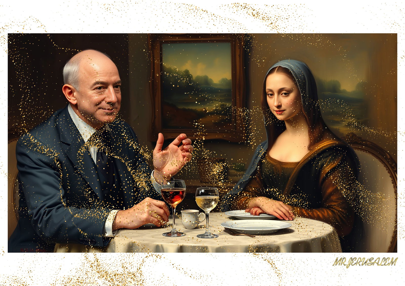 "Mr.Jerusalem, "Jeff Bezos having dinner with Mona Lisa-D2" "Original, A2 Poster print, stampe: Original A2 Poster Digital print on paper, Solid Finishing: Classic (250 gsm gloss) Artist Digital signature Stamped / seal Watermark seal Sizes- 420 X594mm Sold unframed