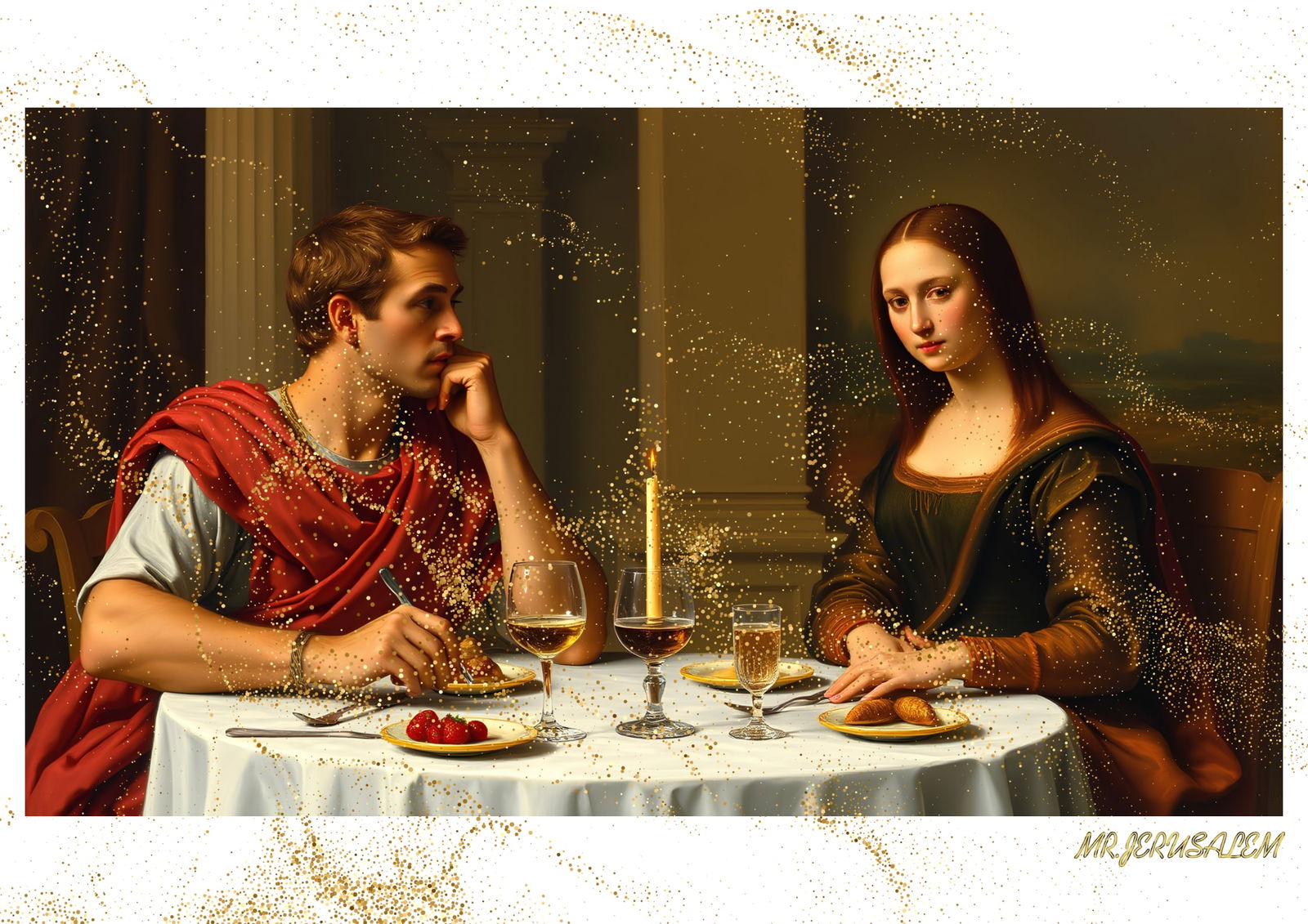 "Mr.Jerusalem, "Julius Caesar having dinner with Mona Lisa-D1" "Original, A2 Poster print, sta: Original A2 Poster Digital print on paper, Solid Finishing: Classic (250 gsm gloss) Artist Digital signature Stamped / seal Watermark seal Sizes- 420 X594mm Sold unframed