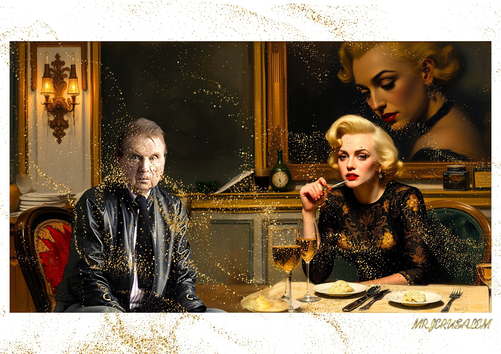 "Mr.Jerusalem, "Francis Bacon having dinner with Marilyn Monroe-D1" "Original, A2 Poster print: Original A2 Poster Digital print on paper, Solid Finishing: Classic (250 gsm gloss) Artist Digital signature Stamped / seal Watermark seal Sizes- 420 X594mm Sold unframed