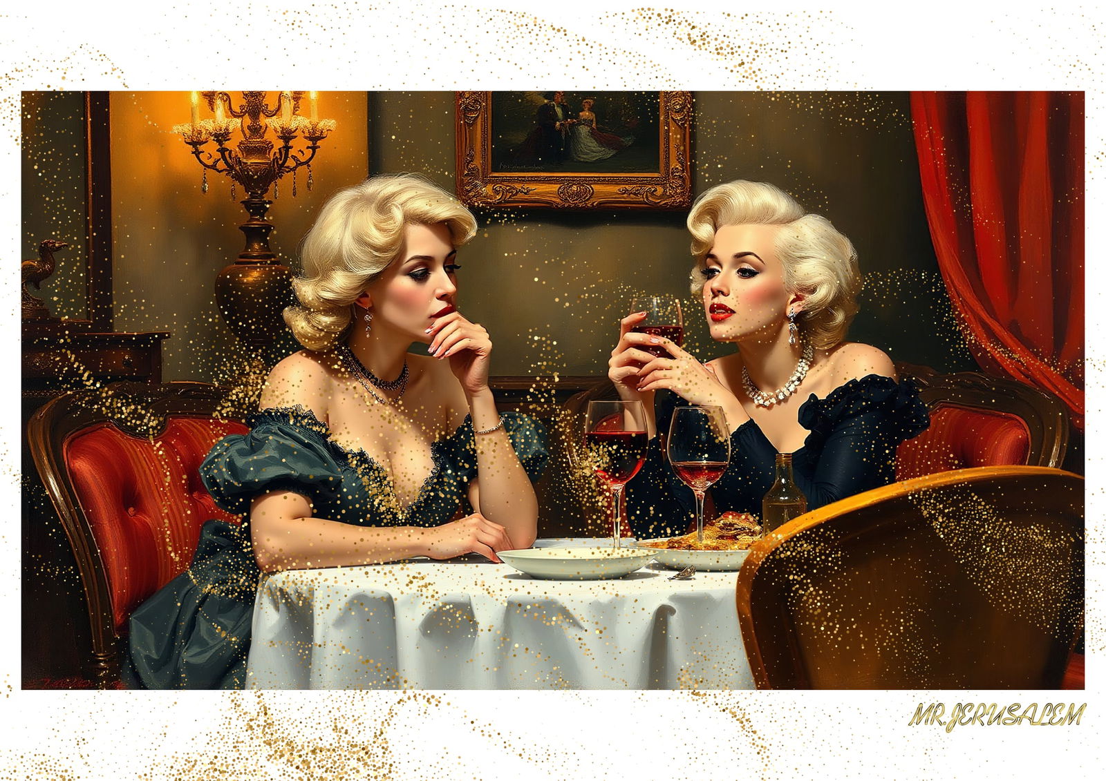 "Mr.Jerusalem, "Madonna having dinner with Marilyn Monroe-D2" "Original, A2 Poster print, stam: Original A2 Poster Digital print on paper, Solid Finishing: Classic (250 gsm gloss) Artist Digital signature Stamped / seal Watermark seal Sizes- 420 X594mm Sold unframed