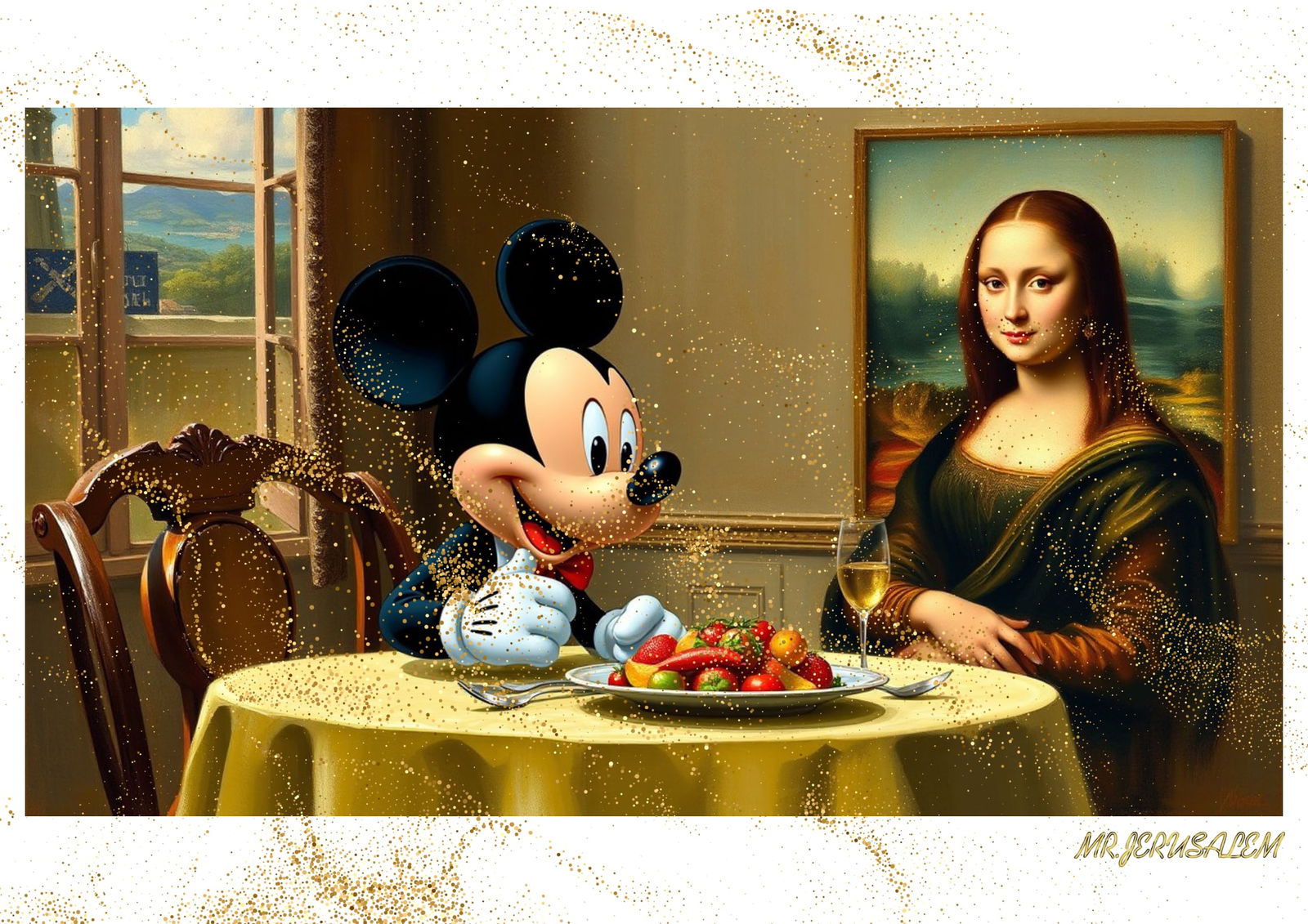 "Mr.Jerusalem, "Mickey Mouse having dinner with Mona Lisa-D2" "Original, A2 Poster print, stam (1 of 2)