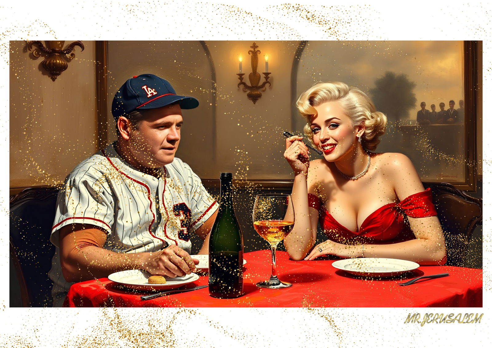 "Mr.Jerusalem, "Babe Ruth having dinner with Marilyn Monroe-D1" "Original, A2 Poster print, st: Original A2 Poster Digital print on paper, Solid Finishing: Classic (250 gsm gloss) Artist Digital signature Stamped / seal Watermark seal Sizes- 420 X594mm Sold unframed