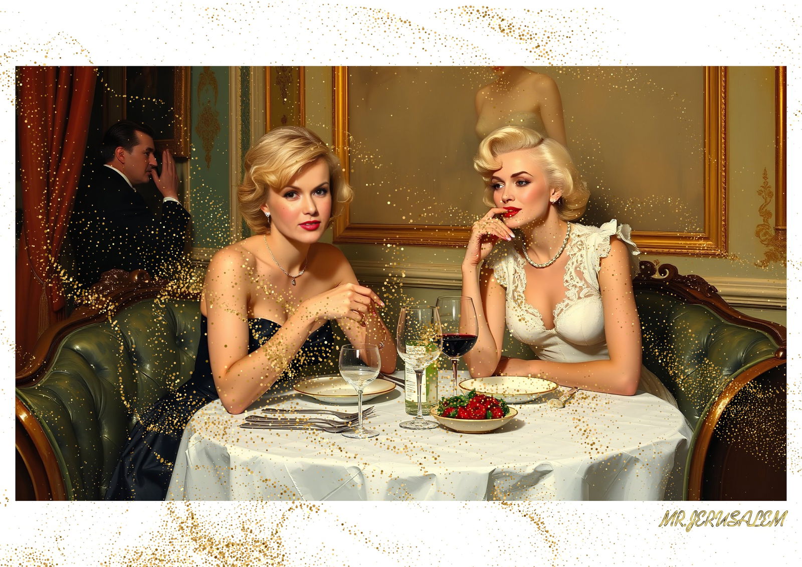 "Mr.Jerusalem, "Amanda Holden having dinner with Marilyn Monroe-D1" "Original, A2 Poster print: Original A2 Poster Digital print on paper, Solid Finishing: Classic (250 gsm gloss) Artist Digital signature Stamped / seal Watermark seal Sizes- 420 X594mm Sold unframed