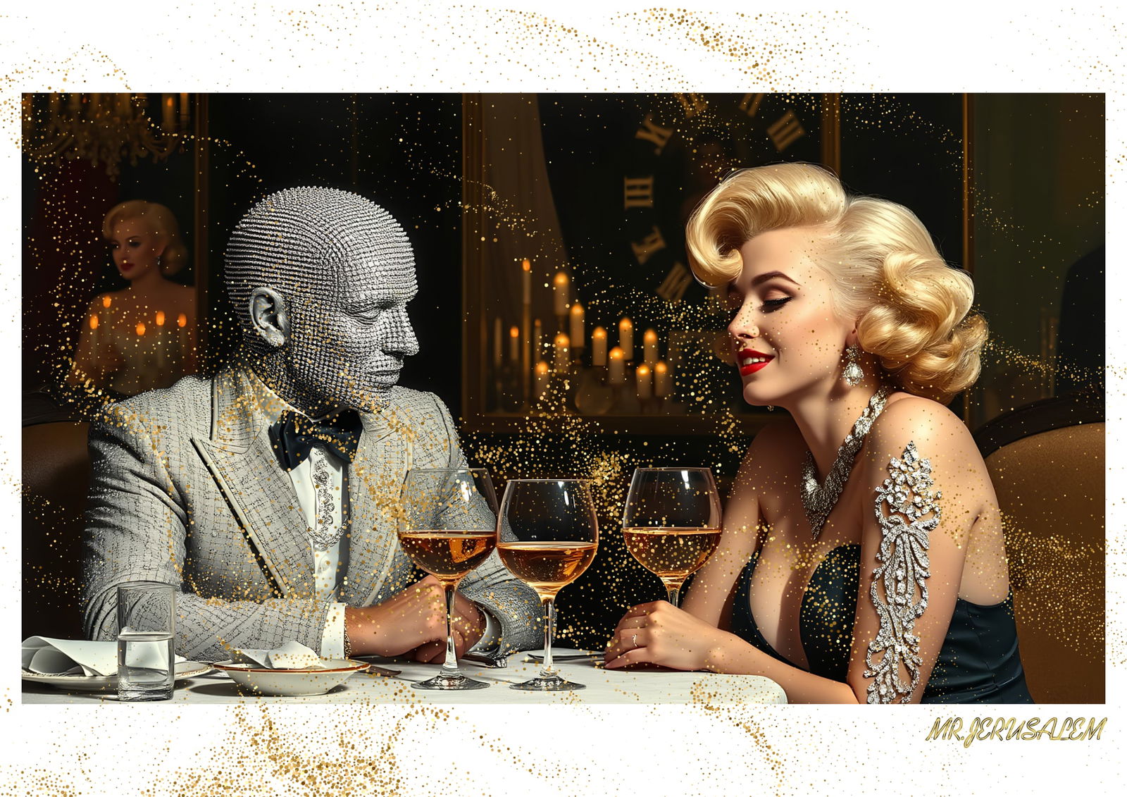 "Mr.Jerusalem, "Diamond Man having dinner with Marilyn Monroe-D1" "Original, A2 Poster print, : Original A2 Poster Digital print on paper, Solid Finishing: Classic (250 gsm gloss) Artist Digital signature Stamped / seal Watermark seal Sizes- 420 X594mm Sold unframed