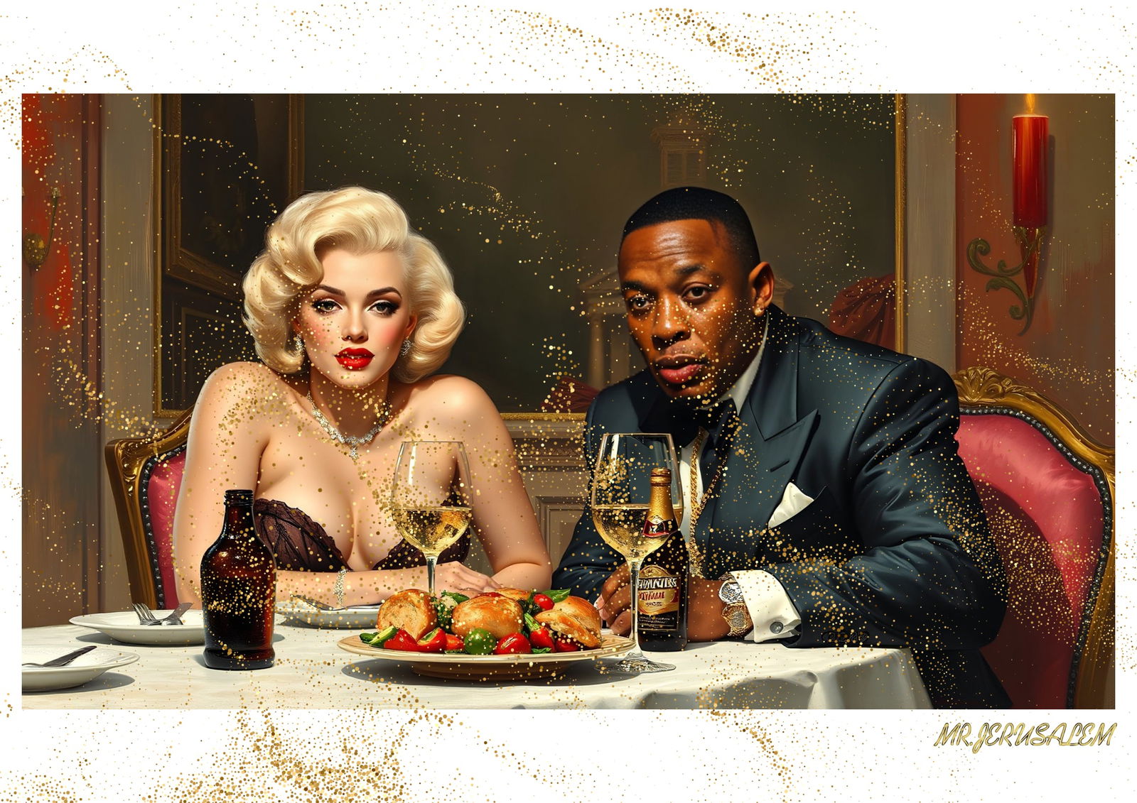 "Mr.Jerusalem, "Dr. Dre having dinner with Marilyn Monroe-D1" "Original, A2 Poster print, stam: Original A2 Poster Digital print on paper, Solid Finishing: Classic (250 gsm gloss) Artist Digital signature Stamped / seal Watermark seal Sizes- 420 X594mm Sold unframed
