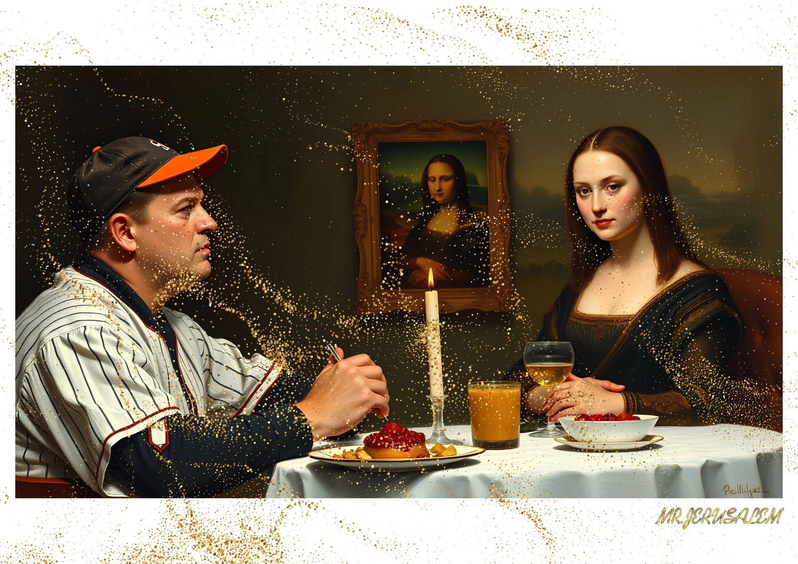 "Mr.Jerusalem, "Babe Ruth having dinner with Mona Lisa-D2" "Original, A2 Poster print, stamped: Original A2 Poster Digital print on paper, Solid Finishing: Classic (250 gsm gloss) Artist Digital signature Stamped / seal Watermark seal Sizes- 420 X594mm Sold unframed