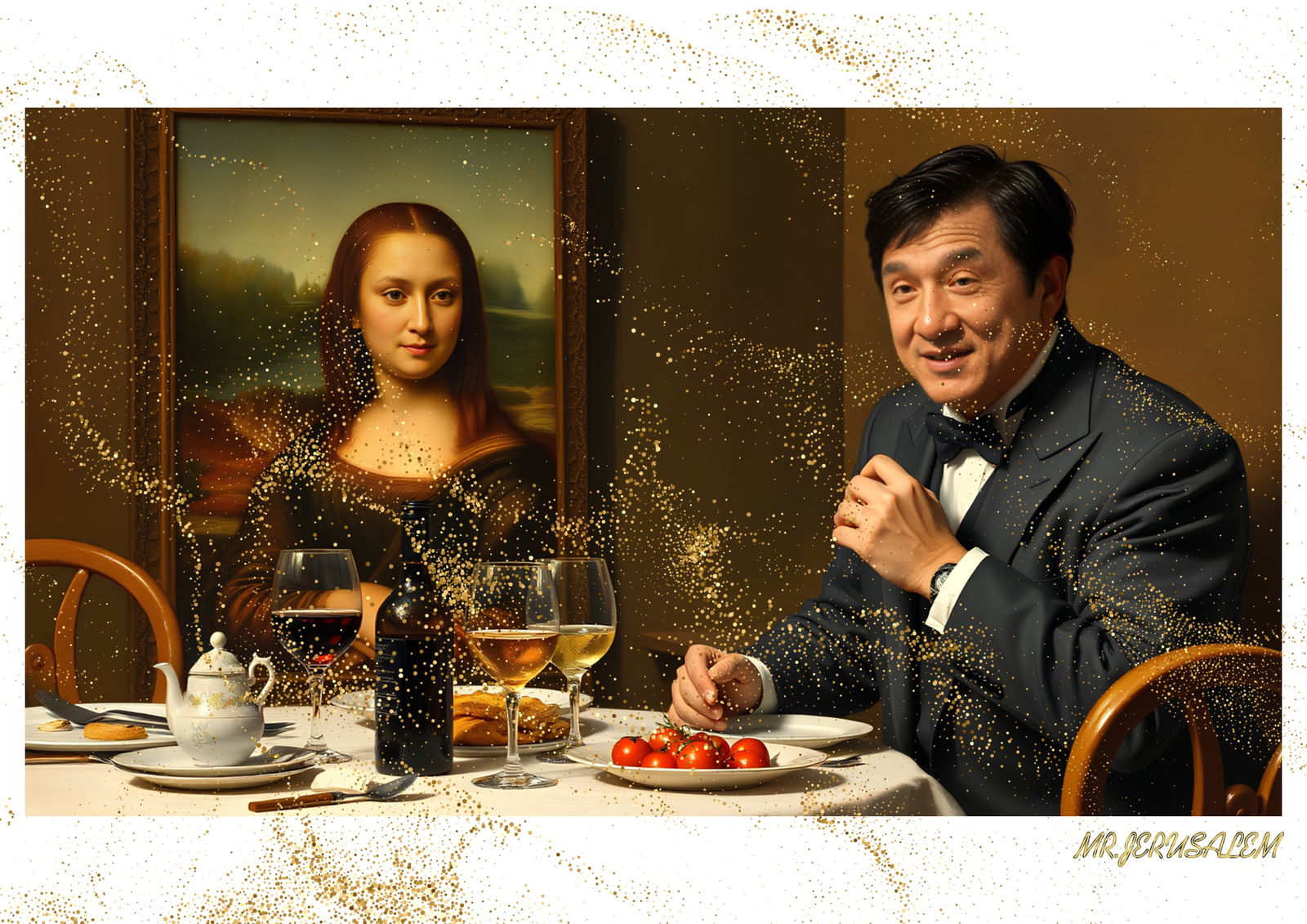 "Mr.Jerusalem, "Jackie Chan having dinner with Mona Lisa-D2" "Original, A2 Poster print, stamp: Original A2 Poster Digital print on paper, Solid Finishing: Classic (250 gsm gloss) Artist Digital signature Stamped / seal Watermark seal Sizes- 420 X594mm Sold unframed