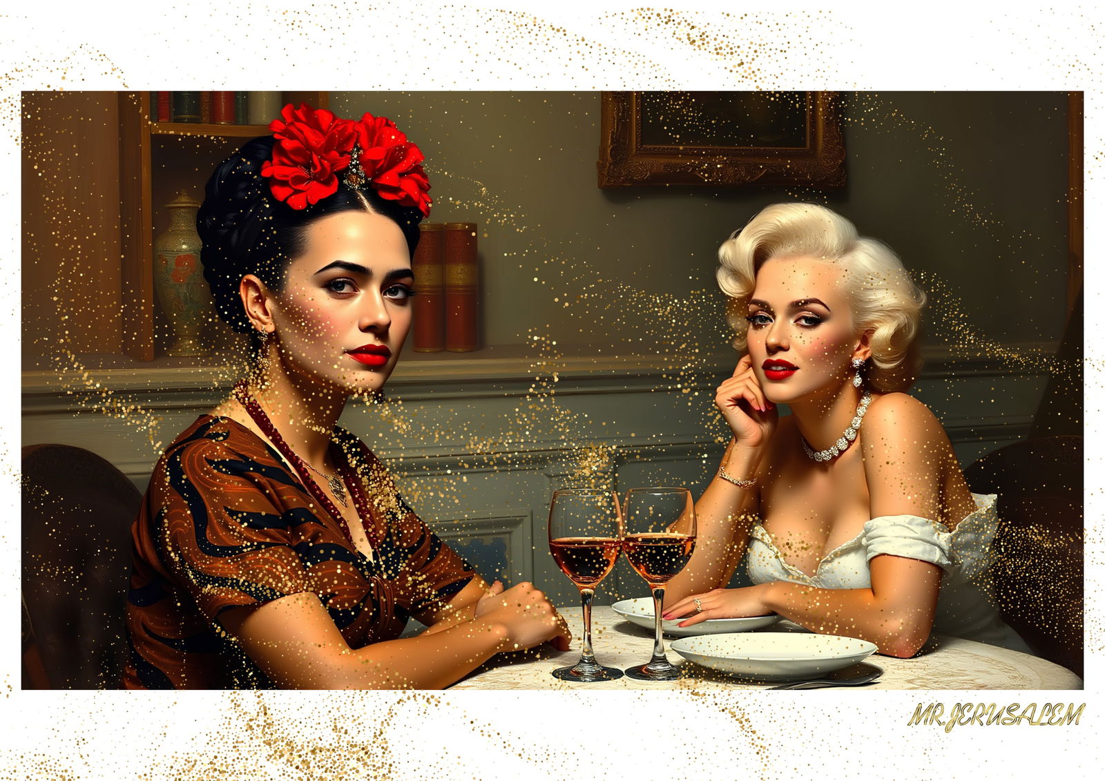 "Mr.Jerusalem, "Frida Kahlo having dinner with Marilyn Monroe-D1" "Original, A2 Poster print, : Original A2 Poster Digital print on paper, Solid Finishing: Classic (250 gsm gloss) Artist Digital signature Stamped / seal Watermark seal Sizes- 420 X594mm Sold unframed