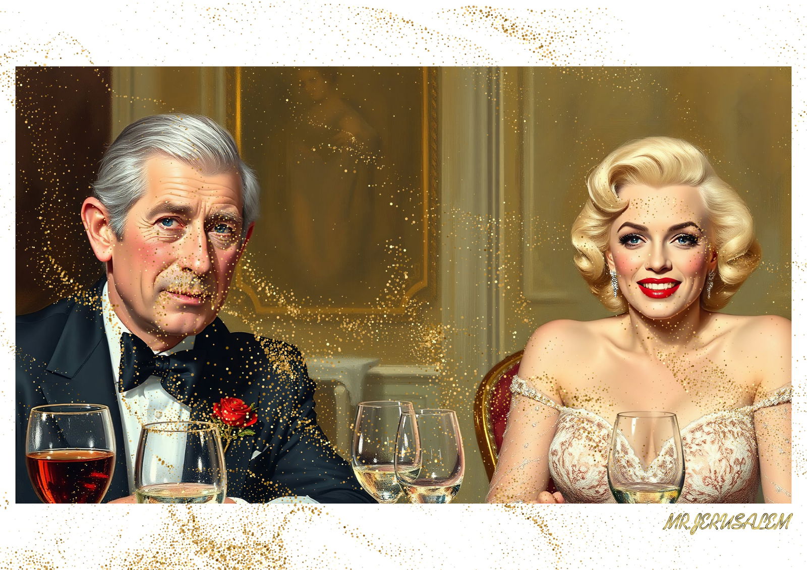 "Mr.Jerusalem, "King Charles III having dinner with Marilyn Monroe-D2" "Original, A2 Poster pr: Original A2 Poster Digital print on paper, Solid Finishing: Classic (250 gsm gloss) Artist Digital signature Stamped / seal Watermark seal Sizes- 420 X594mm Sold unframed