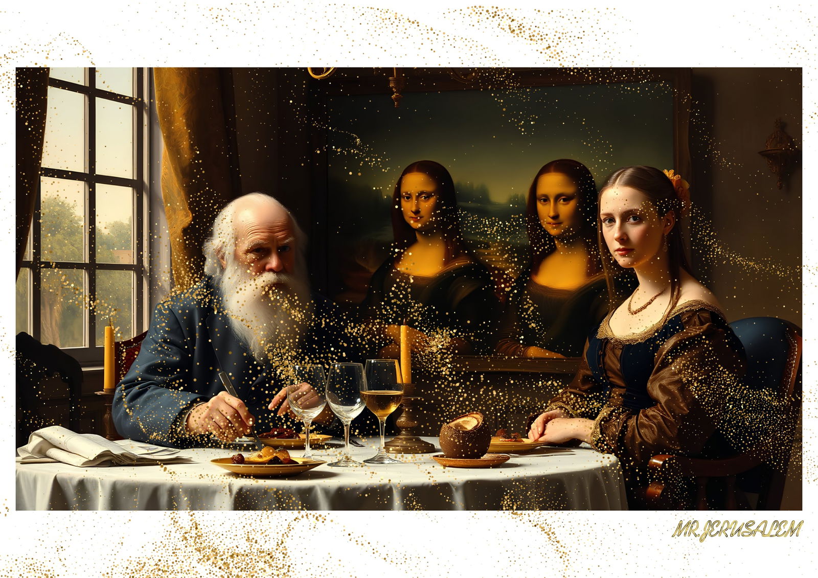 "Mr.Jerusalem, "Charles Darwin having dinner with Mona Lisa-D1" "Original, A2 Poster print, st: Original A2 Poster Digital print on paper, Solid Finishing: Classic (250 gsm gloss) Artist Digital signature Stamped / seal Watermark seal Sizes- 420 X594mm Sold unframed