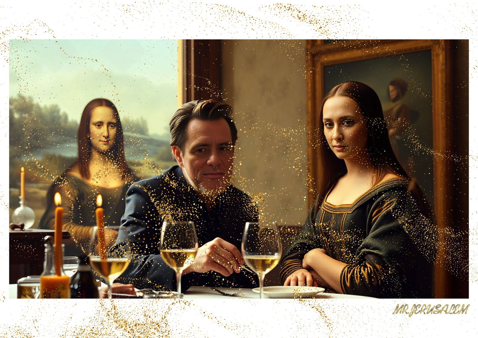 "Mr.Jerusalem, "Jim Carrey having dinner with Mona Lisa-D2" "Original, A2 Poster print, stampe: Original A2 Poster Digital print on paper, Solid Finishing: Classic (250 gsm gloss) Artist Digital signature Stamped / seal Watermark seal Sizes- 420 X594mm Sold unframed