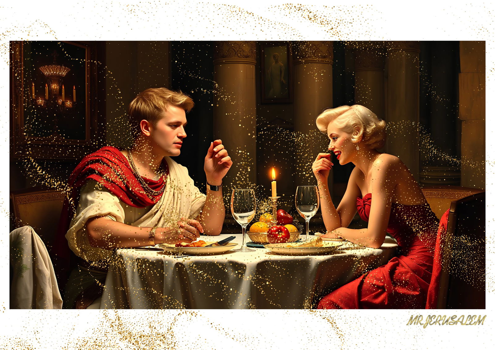 "Mr.Jerusalem, "Julius Caesar having dinner with Marilyn Monroe-D1" "Original, A2 Poster print: Original A2 Poster Digital print on paper, Solid Finishing: Classic (250 gsm gloss) Artist Digital signature Stamped / seal Watermark seal Sizes- 420 X594mm Sold unframed