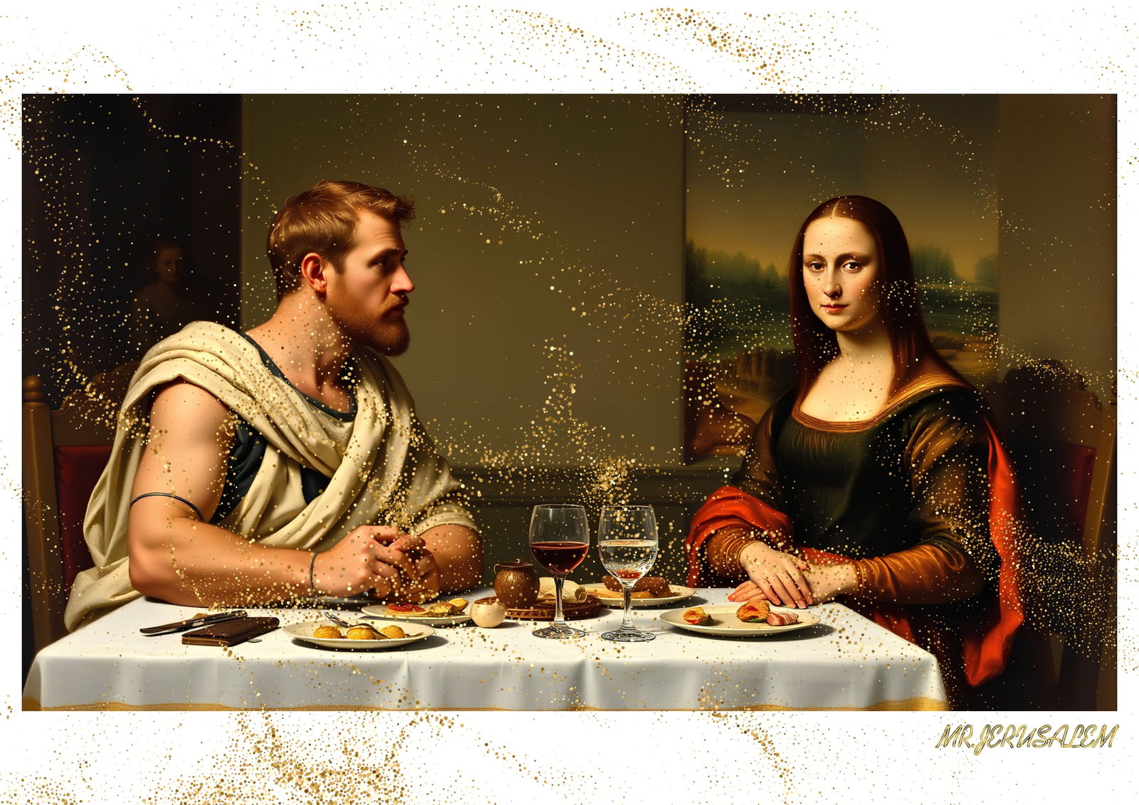 "Mr.Jerusalem, "Julius Caesar having dinner with Mona Lisa-D2" "Original, A2 Poster print, sta: Original A2 Poster Digital print on paper, Solid Finishing: Classic (250 gsm gloss) Artist Digital signature Stamped / seal Watermark seal Sizes- 420 X594mm Sold unframed