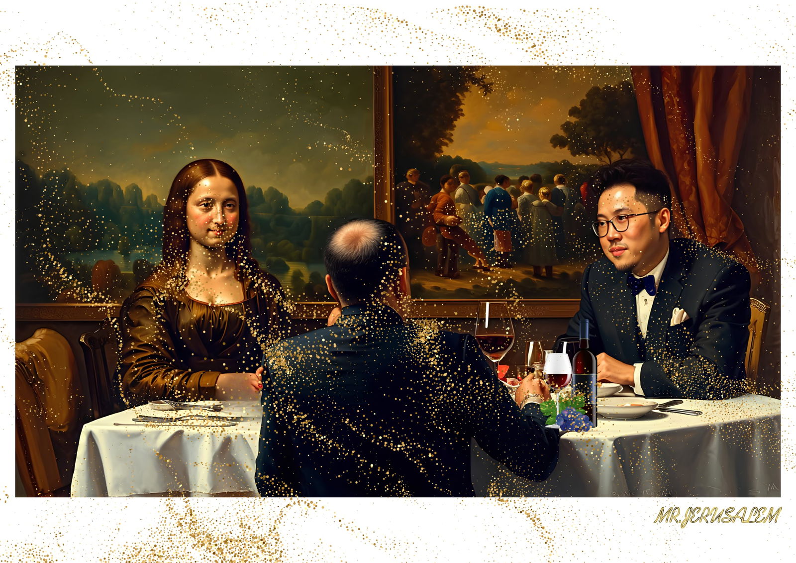 "Mr.Jerusalem, "Adrian Cheng having dinner with Mona Lisa-D2" "Original, A2 Poster print, stam: Original A2 Poster Digital print on paper, Solid Finishing: Classic (250 gsm gloss) Artist Digital signature Stamped / seal Watermark seal Sizes- 420 X594mm Sold unframed