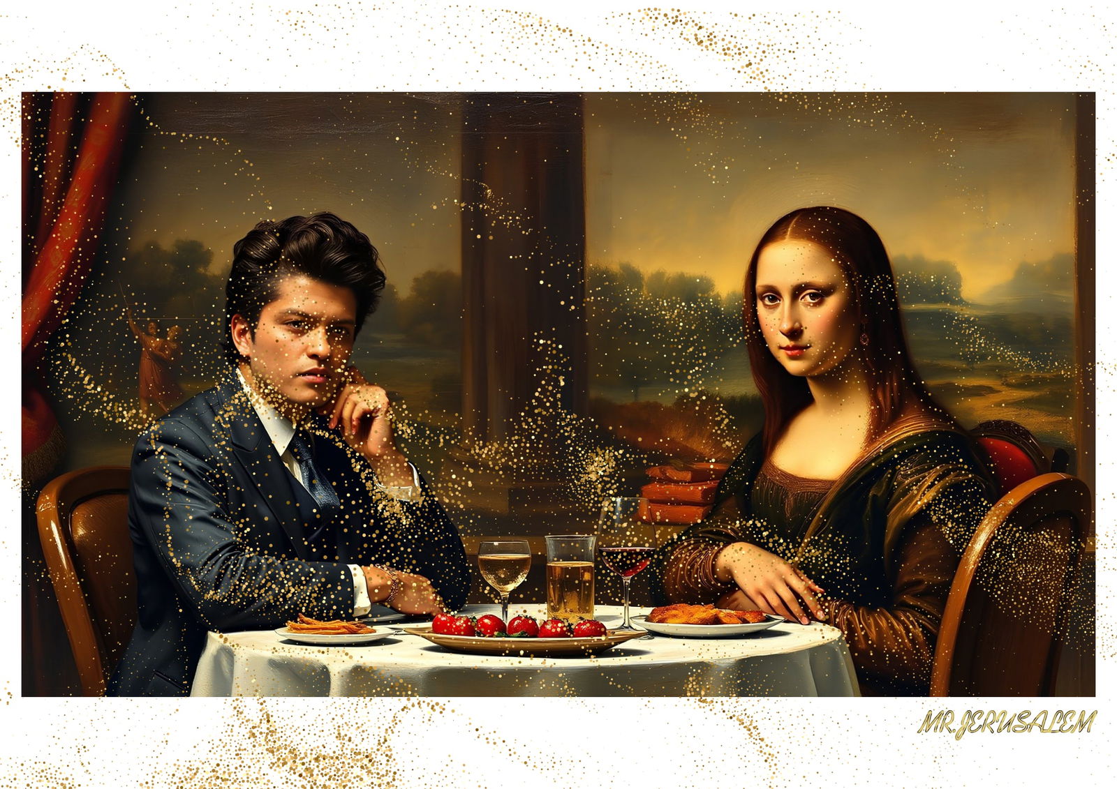 "Mr.Jerusalem, "Bruno Mars having dinner with Mona Lisa-D2" "Original, A2 Poster print, stampe: Original A2 Poster Digital print on paper, Solid Finishing: Classic (250 gsm gloss) Artist Digital signature Stamped / seal Watermark seal Sizes- 420 X594mm Sold unframed