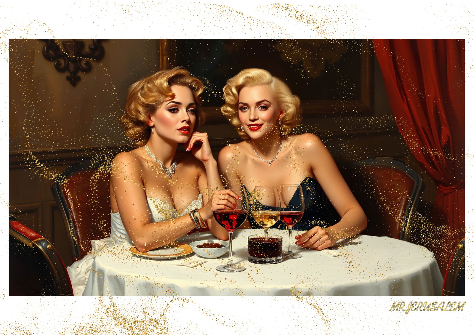 "Mr.Jerusalem, "Jennifer Lopez having dinner with Marilyn Monroe-D1" "Original, A2 Poster prin: Original A2 Poster Digital print on paper, Solid Finishing: Classic (250 gsm gloss) Artist Digital signature Stamped / seal Watermark seal Sizes- 420 X594mm Sold unframed