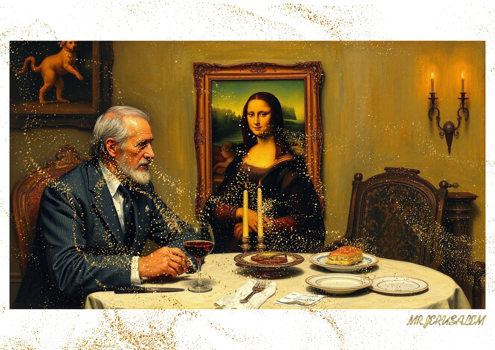 "Mr.Jerusalem, "Max Ernst having dinner with Mona Lisa-D2" "Original, A2 Poster print, stamped: Original A2 Poster Digital print on paper, Solid Finishing: Classic (250 gsm gloss) Artist Digital signature Stamped / seal Watermark seal Sizes- 420 X594mm Sold unframed
