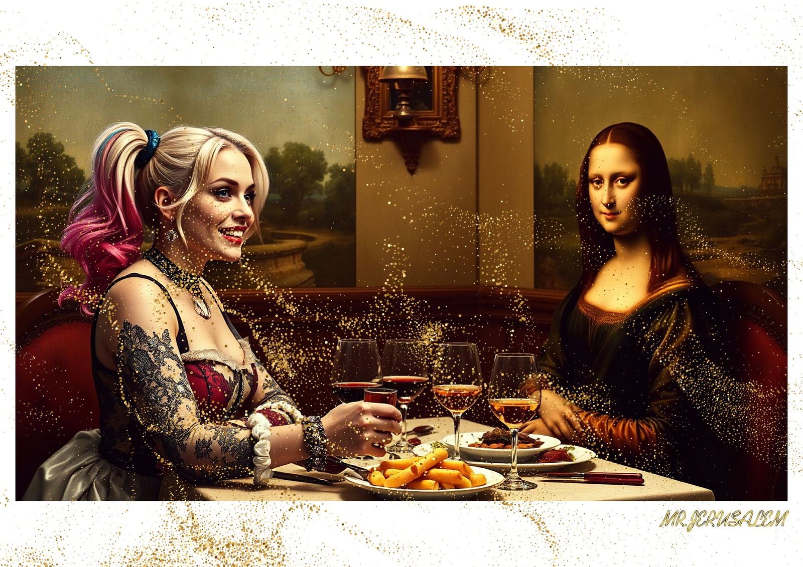 "Mr.Jerusalem, "Harley Quinn having dinner with Mona Lisa-D2" "Original, A2 Poster print, stam: Original A2 Poster Digital print on paper, Solid Finishing: Classic (250 gsm gloss) Artist Digital signature Stamped / seal Watermark seal Sizes- 420 X594mm Sold unframed