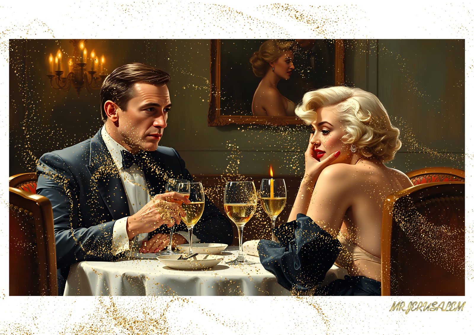 "Mr.Jerusalem, "James Bond having dinner with Marilyn Monroe-D1" "Original, A2 Poster print, s: Original A2 Poster Digital print on paper, Solid Finishing: Classic (250 gsm gloss) Artist Digital signature Stamped / seal Watermark seal Sizes- 420 X594mm Sold unframed