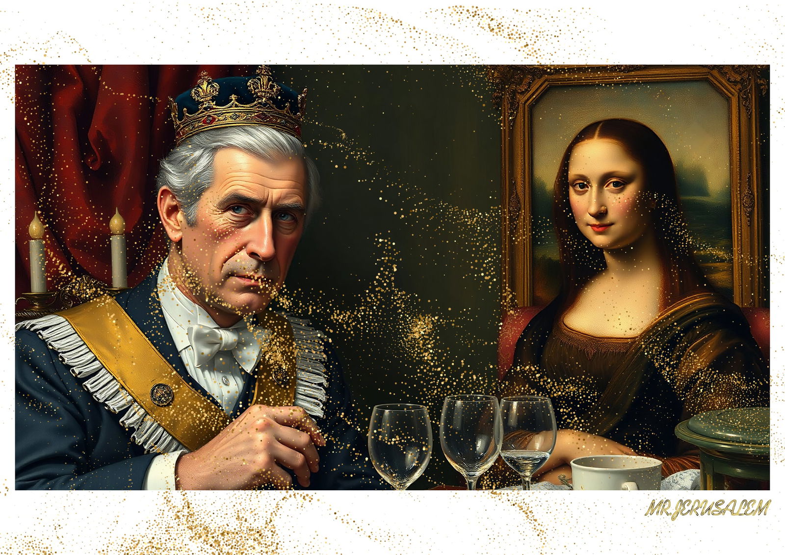 "Mr.Jerusalem, "King Charles III having dinner with Mona Lisa-D2" "Original, A2 Poster print, : Original A2 Poster Digital print on paper, Solid Finishing: Classic (250 gsm gloss) Artist Digital signature Stamped / seal Watermark seal Sizes- 420 X594mm Sold unframed
