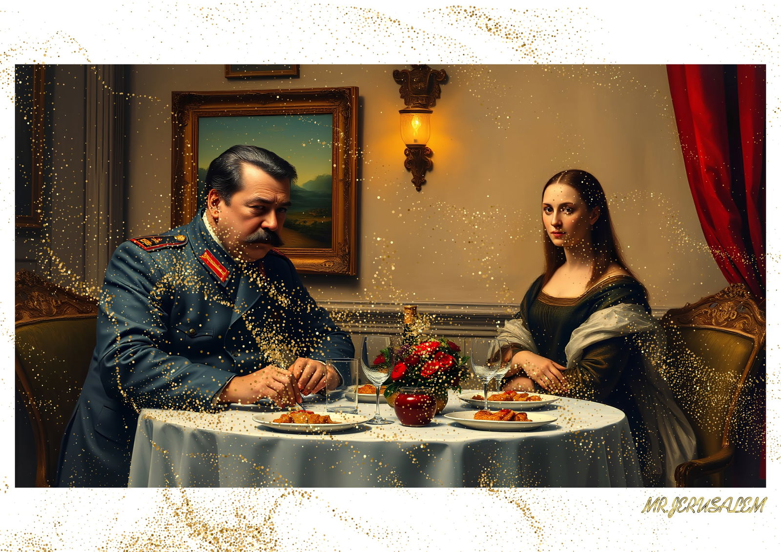"Mr.Jerusalem, "Joseph Stalin having dinner with Mona Lisa-D1" "Original, A2 Poster print, sta: Original A2 Poster Digital print on paper, Solid Finishing: Classic (250 gsm gloss) Artist Digital signature Stamped / seal Watermark seal Sizes- 420 X594mm Sold unframed