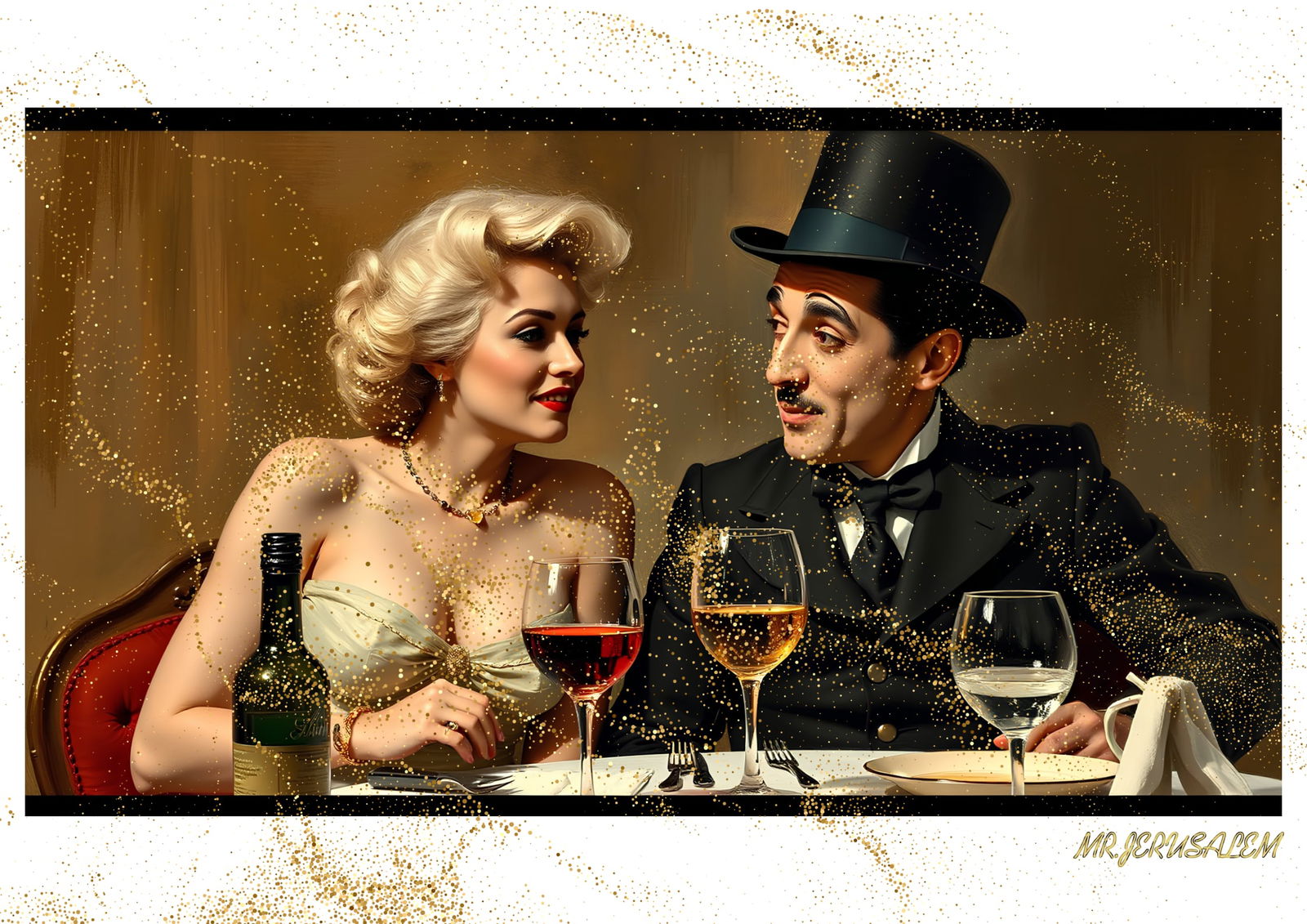 "Mr.Jerusalem, "Charlie Chaplin having dinner with Marilyn Monroe-D1" "Original, A2 Poster pri: Original A2 Poster Digital print on paper, Solid Finishing: Classic (250 gsm gloss) Artist Digital signature Stamped / seal Watermark seal Sizes- 420 X594mm Sold unframed
