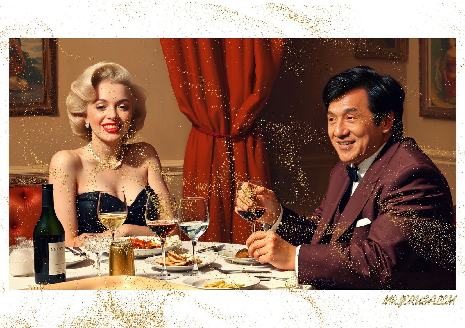 "Mr.Jerusalem, "Jackie Chan having dinner with Marilyn Monroe-D1" "Original, A2 Poster print, : Original A2 Poster Digital print on paper, Solid Finishing: Classic (250 gsm gloss) Artist Digital signature Stamped / seal Watermark seal Sizes- 420 X594mm Sold unframed