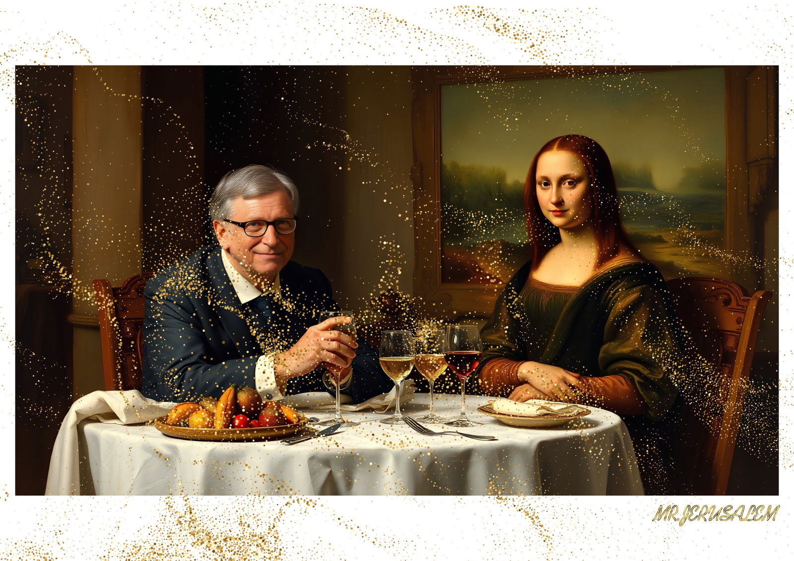 "Mr.Jerusalem, "Bill Gates having dinner with Mona Lisa-D1" "Original, A2 Poster print, stampe: Original A2 Poster Digital print on paper, Solid Finishing: Classic (250 gsm gloss) Artist Digital signature Stamped / seal Watermark seal Sizes- 420 X594mm Sold unframed