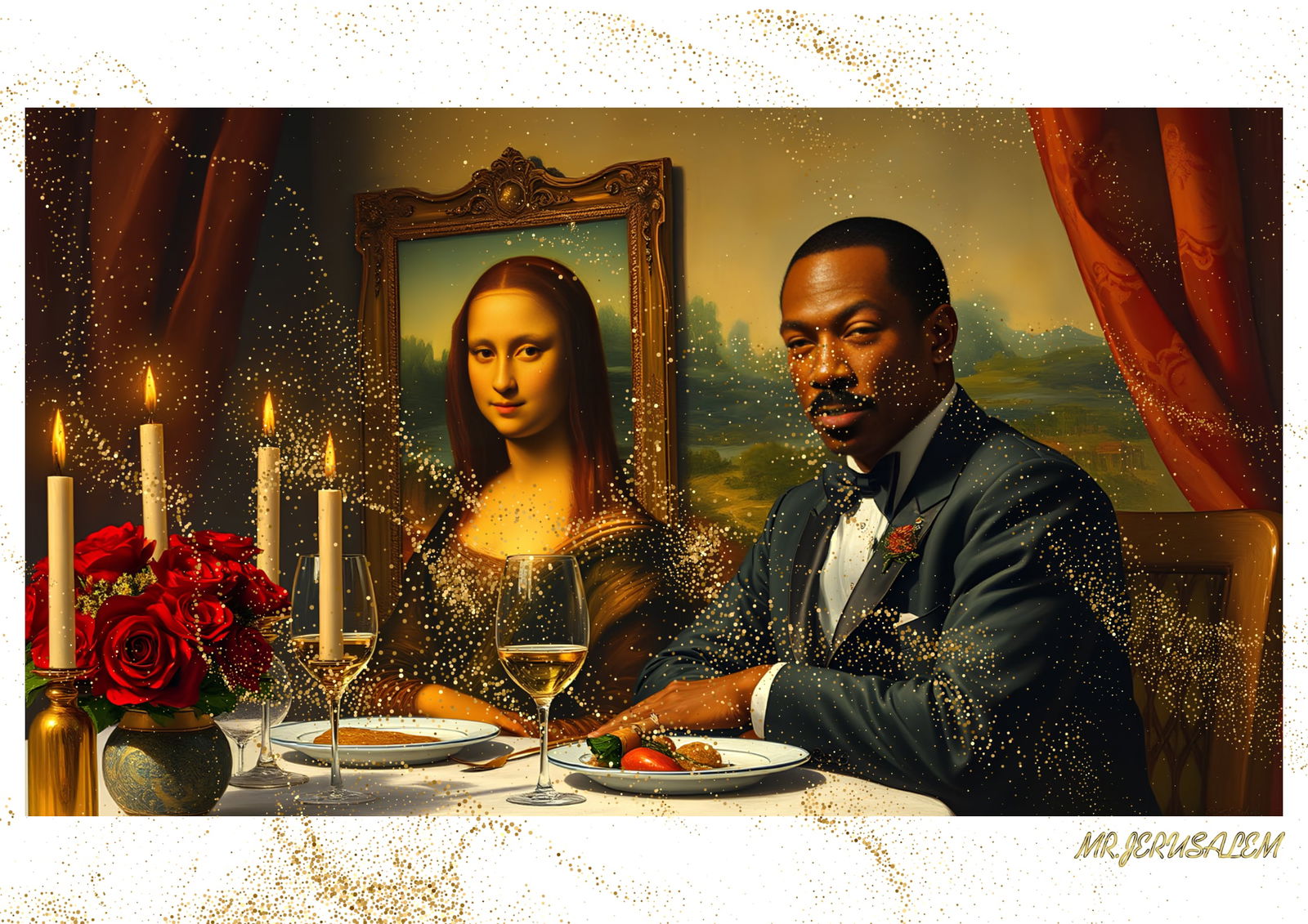 "Mr.Jerusalem, "Eddie Murphy having dinner with Mona Lisa-D1" "Original, A2 Poster print, stam: Original A2 Poster Digital print on paper, Solid Finishing: Classic (250 gsm gloss) Artist Digital signature Stamped / seal Watermark seal Sizes- 420 X594mm Sold unframed