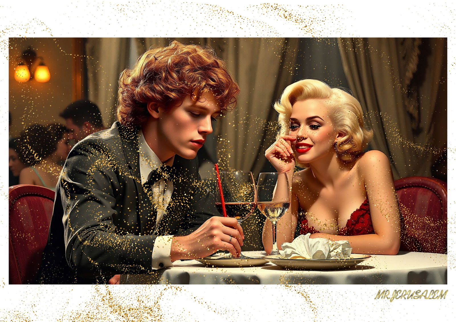 "Mr.Jerusalem, "Jesse Eisenberg having dinner with Marilyn Monroe-D2" "Original, A2 Poster pri: Original A2 Poster Digital print on paper, Solid Finishing: Classic (250 gsm gloss) Artist Digital signature Stamped / seal Watermark seal Sizes- 420 X594mm Sold unframed