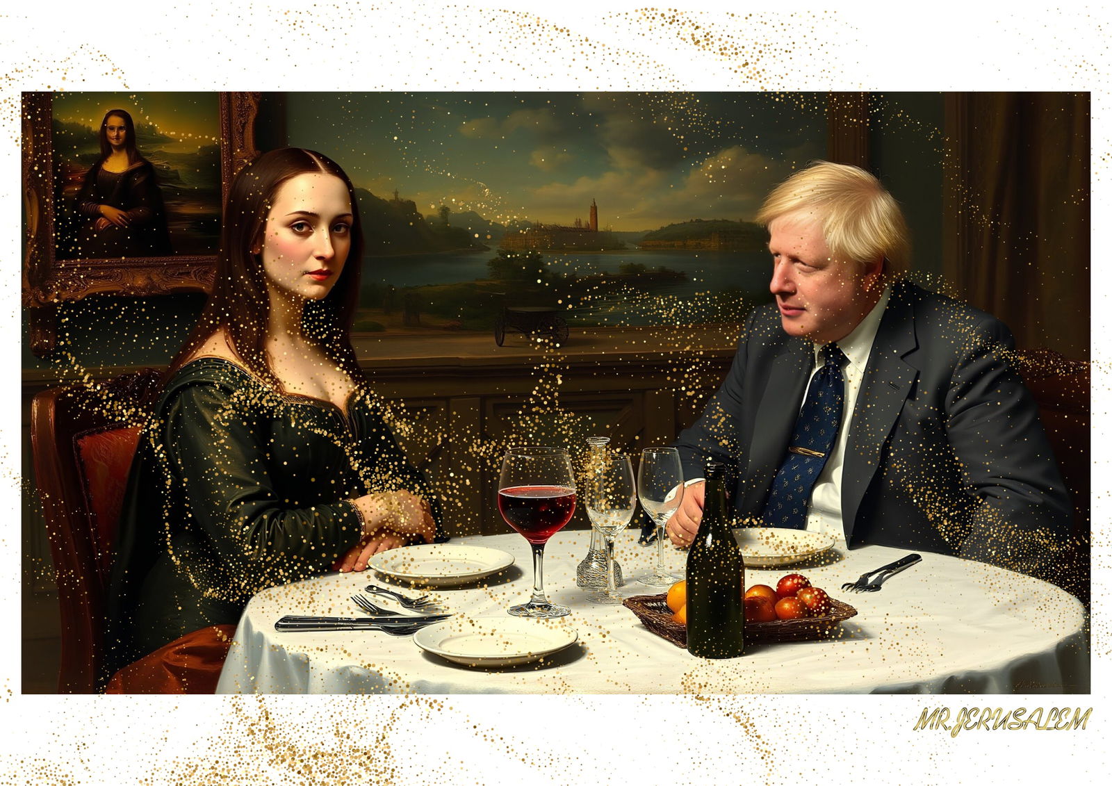 "Mr.Jerusalem, "Boris Johnson having dinner with Mona Lisa-D2" "Original, A2 Poster print, sta: Original A2 Poster Digital print on paper, Solid Finishing: Classic (250 gsm gloss) Artist Digital signature Stamped / seal Watermark seal Sizes- 420 X594mm Sold unframed