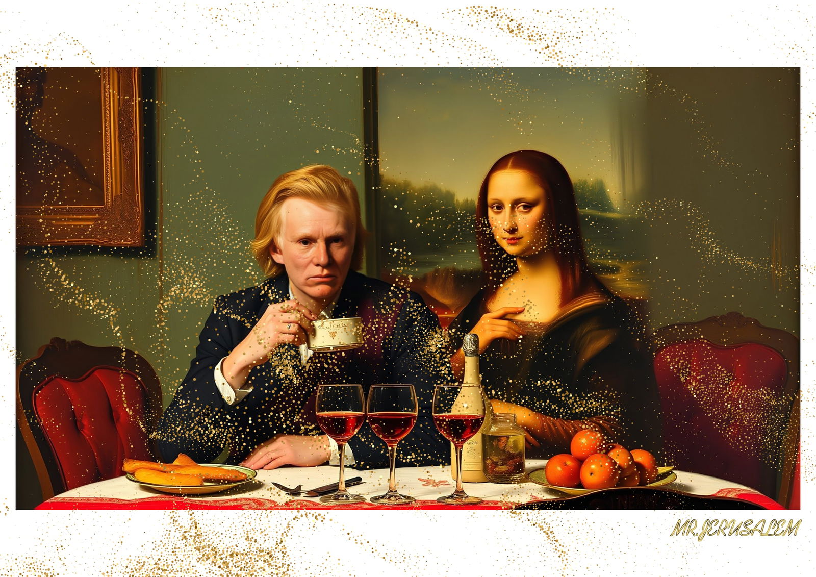"Mr.Jerusalem, "Andy Warhol having dinner with Mona Lisa-D1" "Original, A2 Poster print, stamp: Original A2 Poster Digital print on paper, Solid Finishing: Classic (250 gsm gloss) Artist Digital signature Stamped / seal Watermark seal Sizes- 420 X594mm Sold unframed