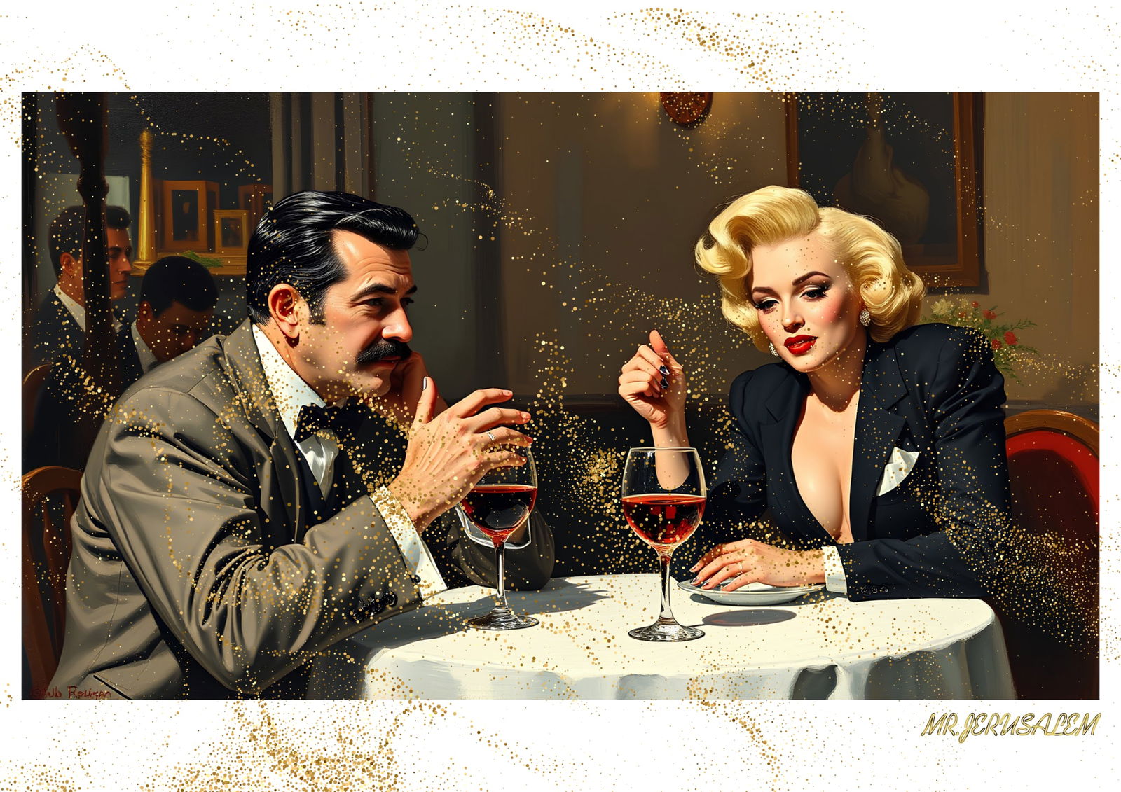 "Mr.Jerusalem, "Fernand Leger having dinner with Marilyn Monroe-D2" "Original, A2 Poster print: Original A2 Poster Digital print on paper, Solid Finishing: Classic (250 gsm gloss) Artist Digital signature Stamped / seal Watermark seal Sizes- 420 X594mm Sold unframed