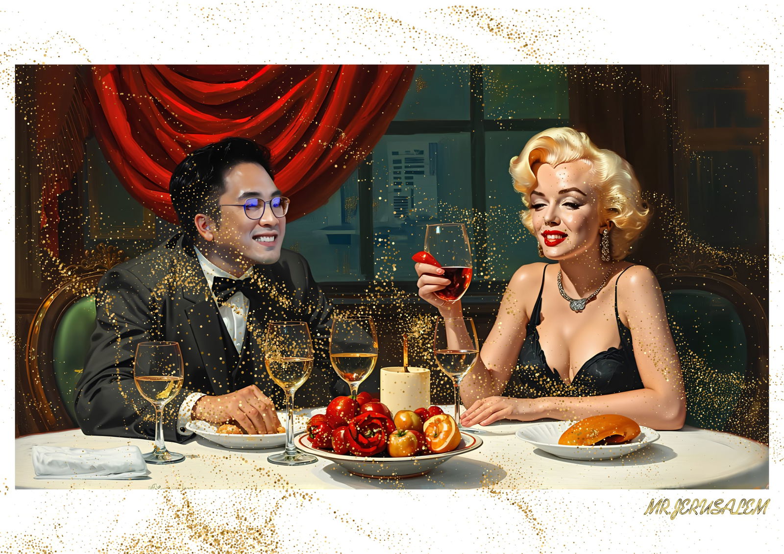 "Mr.Jerusalem, "Adrian Cheng having dinner with Marilyn Monroe-D2" "Original, A2 Poster print,: Original A2 Poster Digital print on paper, Solid Finishing: Classic (250 gsm gloss) Artist Digital signature Stamped / seal Watermark seal Sizes- 420 X594mm Sold unframed